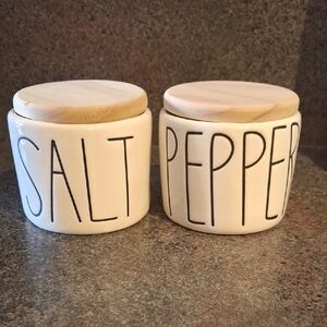Rae Dunn Cream Ceramic SALT & PEPPER Jars with Wood Lids & Wood Spoons